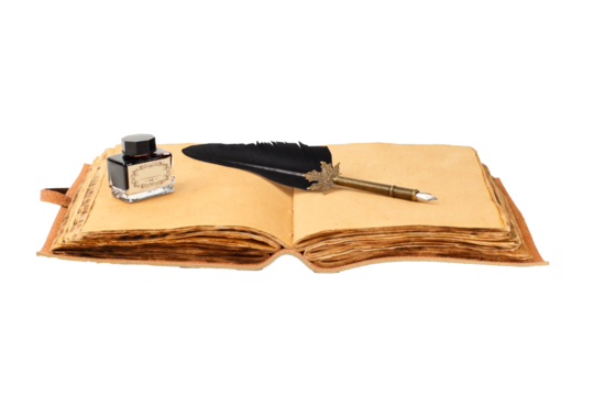 leather or hide notebook or diary with old yellow papyrus sheets with pen and jar of black ink vita comensal foreground white or transparent background, with space for text, 
