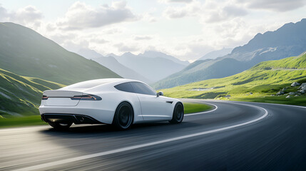 Fototapeta premium White car rushing along a high-speed highway in the sun.