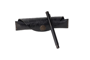 black pen or ballpoint pen, black leather case with bronze decoration featuring a dining scene, png, space for text