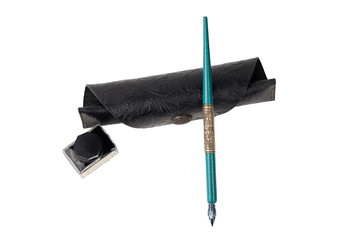 green and bronze writing pen, black leather case, and inkwell with bird's-eye view png space for...