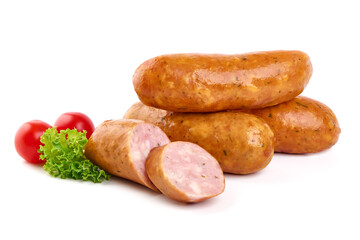 Grilled sausages, Oktoberfest dishes, isolated on white background