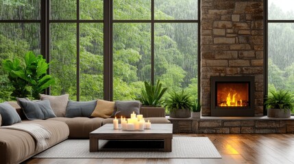 The inviting cabin offers a warm retreat with a lit fireplace, comfortable sofa, and soft blankets, all while raindrops gently fall against the large windows showcasing the forest outside