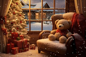 Cozy Chrismas Scene. A Teddy Bear's Winter Wonderland 
