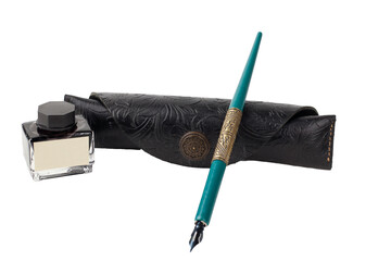 Old green and bronze writer's pen, black leather case, and inkwell with label in PNG format with space for text.