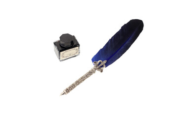 blue and silver antique and carved pen with ink bottle, white or transparent background, space for text, pnj