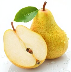 Juicy Pear: A fresh, ripe pear, cut in half, showcasing its juicy flesh and glistening skin. Water droplets add a touch of freshness.  