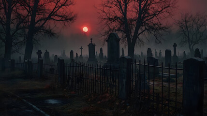 A foggy evening at a historic cemetery with red sunset illuminating the tombstones and trees in autumn