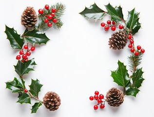 White Background Featuring Holly Leaves and Red Berries in a Flat Lay.
