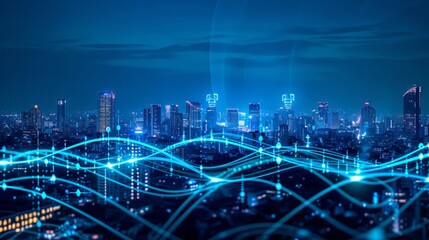 Smart city and big data connection technology concept with digital blue wavy wires with antennas on night megapolis city skyline background, double exposure -