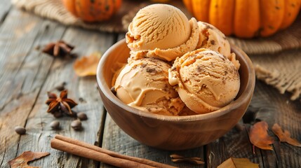 Fototapeta premium There is a bowl of pumpkin spice ice cream on a rustic wooden table