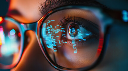Oczy za okularami z widocznym odbiciem technologii, symbolizujące bezpieczeństwo cyfrowe. Bliskie ujęcie ukazuje zaawansowane technologie i dbałość o ochronę danych.