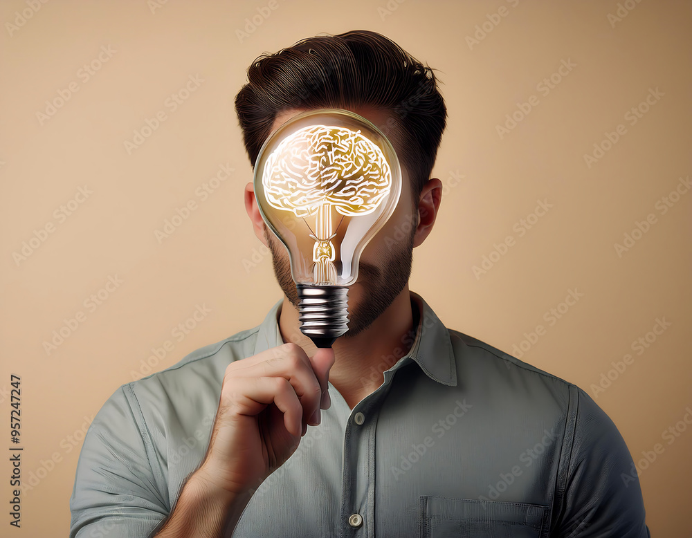 Poster  A light bulb with a brain inside on a beige background, representing creative ideas and_1(164)