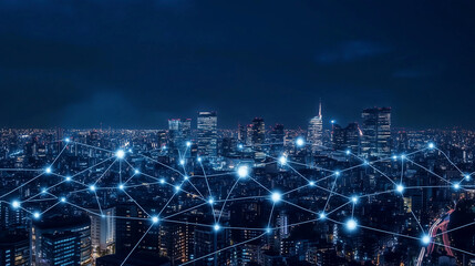 Obraz premium W scenerii nocnego miasta, z intensywnie świecącymi budynkami, globalne połączenia medialne i sieciowe stają się widoczne jako jasne linie i węzły. To wizualizacja nowoczesnej technologii.