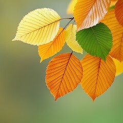 Vibrant Autumn Leaves in Various Colors Captured in Close-Up Against a Soft Green Background