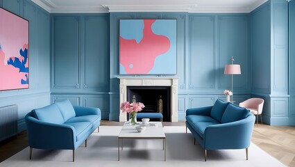 Create a modern classic living space that combines timeless design with a serene, artistic touch