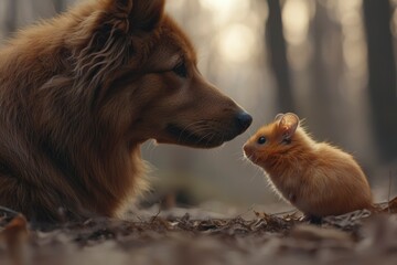 Naklejka premium Dog and Hamster Facing Each Other in a Forest