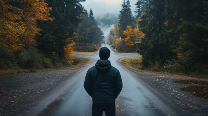 Mężczyzna wybiera między dwiema drogami, biorąc pod uwagę ich wpływ na ochronę środowiska. 