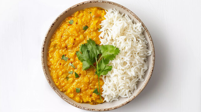 Dal rice garnished with cilantro isolated on white background 