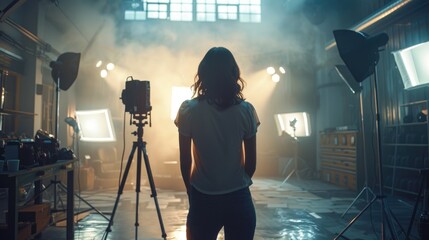 Movie production industry. Modern studio for shooting video advertising ad with light equipment. Film set. Behind the scenes of shot. Film crew working on Campaign with Actors. Silhouette of director.