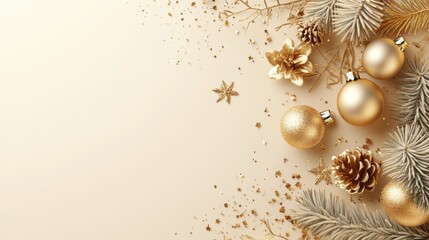 Luxurious gold Christmas ornaments and glittering pine cones arranged elegantly on a matching gold background, evoking a sense of festive luxury.