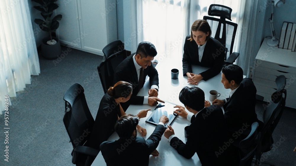 Poster top view of diverse business team discuss about marketing idea while businessman analyze financial g