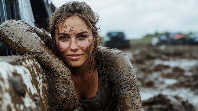 Image of a woman covered in mud, smiling confidently post-challenge, showcasing resilience and triumph over a demanding obstacle course in a rugged outdoor setting.