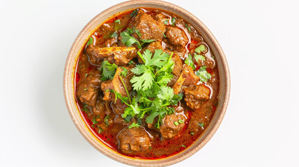 Top view of mutton curry isolated on white background