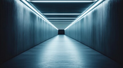 A cold and minimalist corridor characterized by its continuous neon lighting overhead, creating a futuristic and stark environment with emphasis on simplicity and cleanliness.