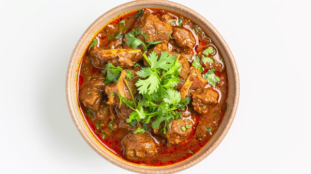 Top view of mutton curry isolated on white background