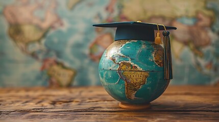 A graduation cap sits atop a globe, symbolizing global education and learning.