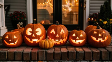 Group of jack-o'-lanterns with different expressions glowing on a porch during Halloween night. Warm orange light from the pumpkins illuminates the cozy, festive atmosphere, Halloween setting.
