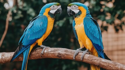 Obraz premium Two stunning tropical birds perched on a branch amidst lush greenery, showcasing vibrant colors and a tranquil forest atmosphere