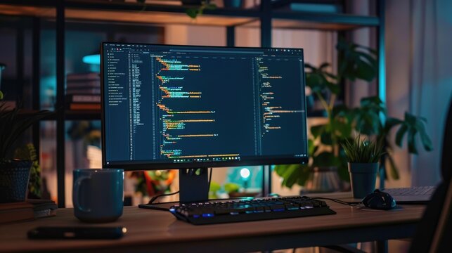Programmer Software Code for Blockchain Project, Developing Backend System. Developer Computer pc monitor display. Writing line of code. Big data security. Hacker hack program. Cybersecurity.