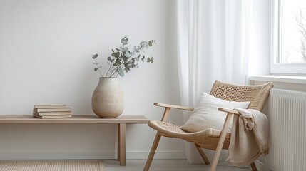 A cozy minimalist living space featuring a wooden chair, decorative vase, and warm natural light.
