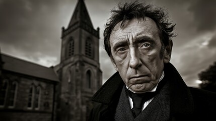Fototapeta premium Close-up of stern-faced man in black coat standing before gothic church under ominous cloudy sky. Black and white image captures serious expression, strong contrasts, a evoking gothic horror theme.