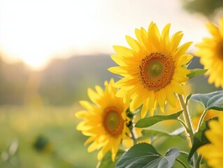 Fototapeta premium Bright Sunflowers in Full Bloom During a Serene Autumn Morning with Soft Sunlight