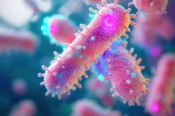 Fototapeta premium Colorful microscopic view of bacteria, showcasing vibrant structures and intricate details under high magnification.