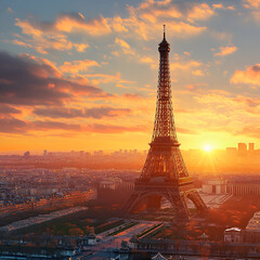 Obraz premium Skyline of Paris with Eiffel Tower in Paris, France. Panoramic sunset view of Paris