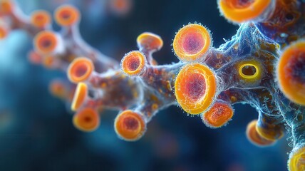 Microscopy of biofilm formation, complex cell interaction, illustration