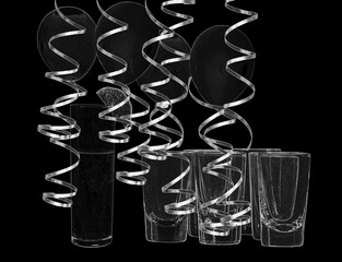 Holiday event with stylized glasses and balloons on a black background