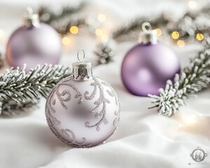 Elegant Christmas baubles in lavender and silver, perfect for holiday greetings.