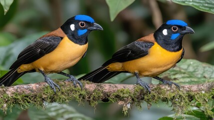 Obraz premium Two stunning tropical birds perched on a branch amidst lush greenery, showcasing vibrant colors and a tranquil forest atmosphere