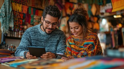 Fototapeta premium A couple dressed in colorful sweaters browses on tablets in a vibrant market filled with woven textiles useful for themes around tech use in traditional settings, travel, or enjoying cultural markets