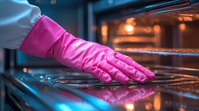 A close-up of a hand wearing a pink rubber glove cleaning an oven, showcasing hygiene and cleanliness ideal for domestic cleaning product advertisements and home maintenance tutorials,
