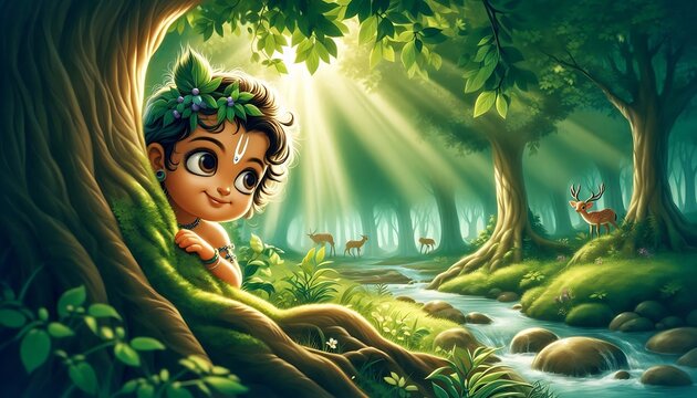 Playful Krishna in the Enchanted Forest