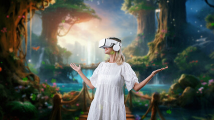 Impressive woman looking around through VR in wonderland maple leave falling in fairytale stream water getting fresh air in meta magical world fantasy in jungle mist natural creativity. Contraption.