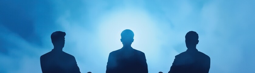 Silhouetted figures against a misty blue backdrop, evoking mystery and contemplation in a surreal atmosphere. watercolor style