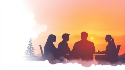 Fototapeta premium Silhouettes of professionals in a meeting during a vibrant sunset, symbolizing collaboration and teamwork in a serene setting. watercolor style