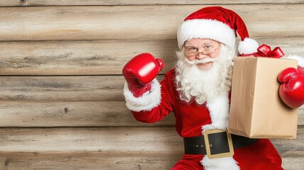 Santa Claus delivers a festive kickboxing surprise while flying with presents in hand, embracing the holiday spirit in a humorous way