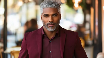 Obraz premium Sophisticated Senior Man with Silver Hair in Stylish Maroon Blazer
